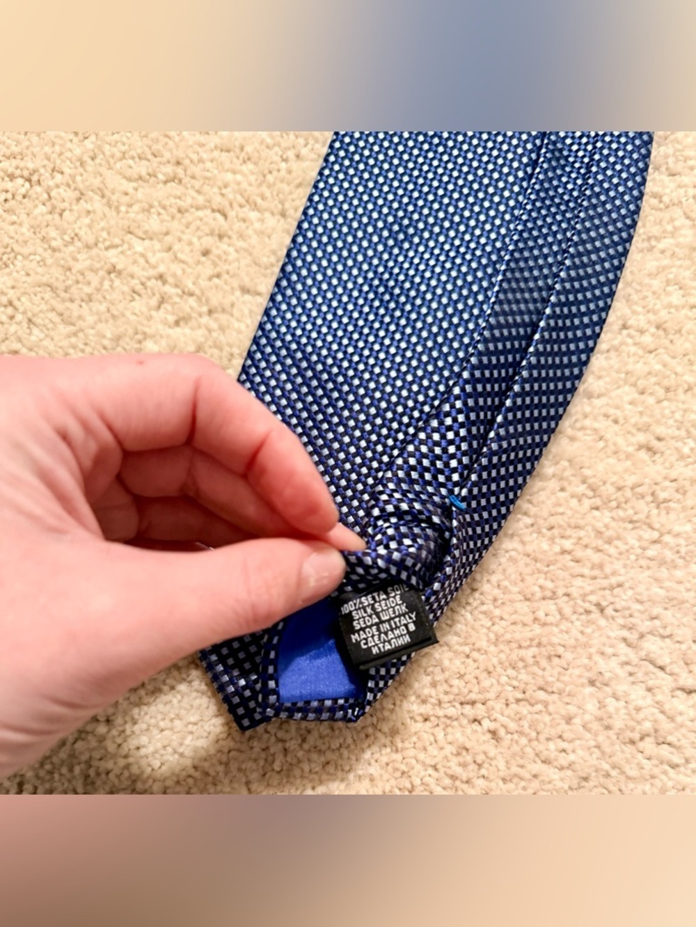BOSS Italy Blue-Black-White Jacquard-Woven Geometric 100% Silk Men’s Necktie - Picture 10 of 11